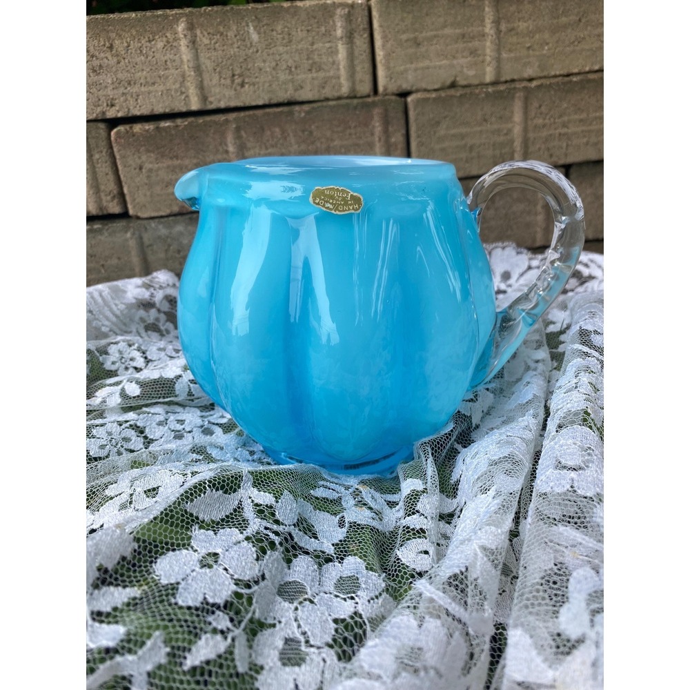 Fenton Art Glass Blue Overlay Rib Melon Squat Pitcher Jug 1940s